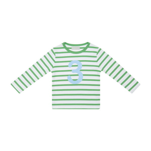 Grass Green & White Breton Striped Number 3 T Shirt