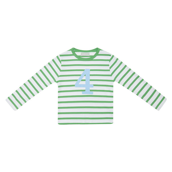 Grass Green & White Breton Striped Number 4 T Shirt
