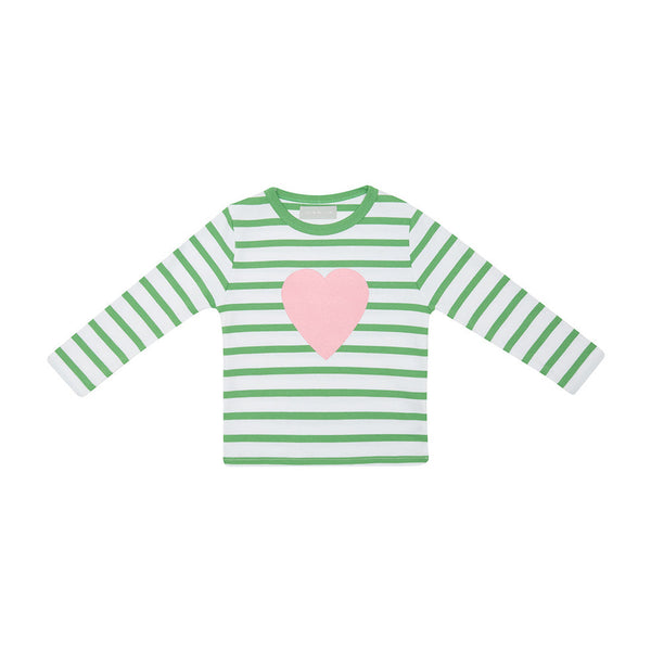 Grass Green & White Breton Striped Love Heart T Shirt