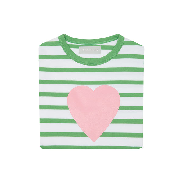 Grass Green & White Breton Striped Love Heart T Shirt