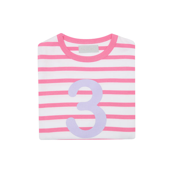 Hot Pink & White Breton Striped Number 3 T Shirt