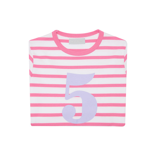 Hot Pink & White Breton Striped Number 5 T Shirt