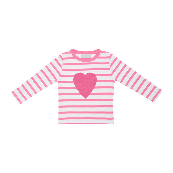 Hot Pink & White Breton Striped Love Heart T Shirt