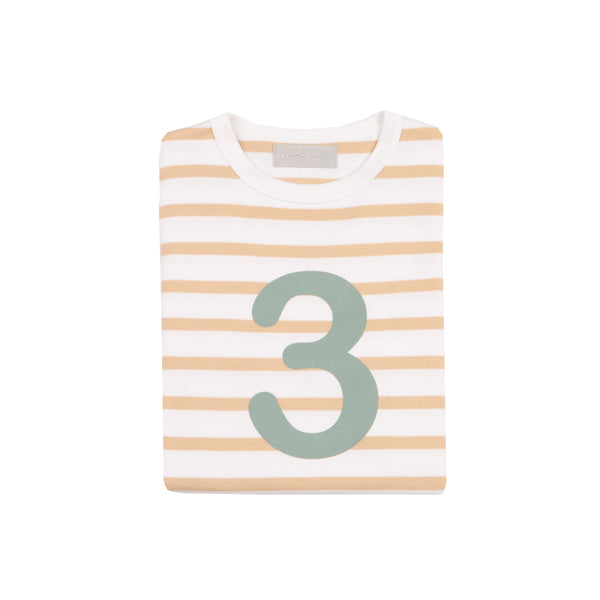 Biscuit & White Breton Striped Number 3 T Shirt (Green)