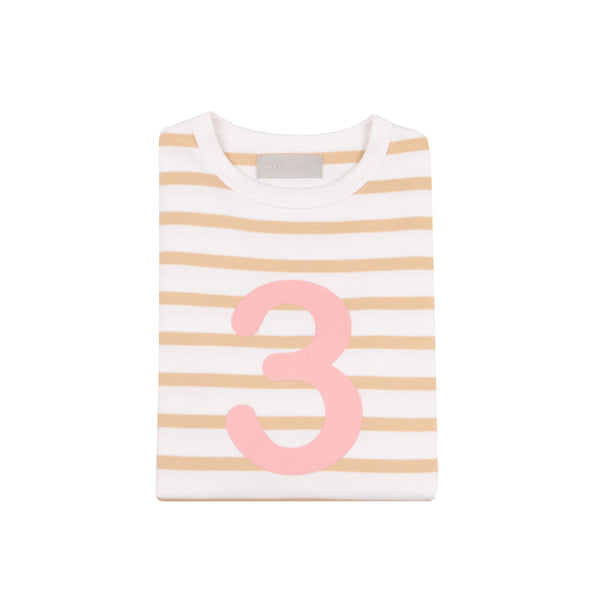 Biscuit & White Breton Striped Number 3 T Shirt (Pink)