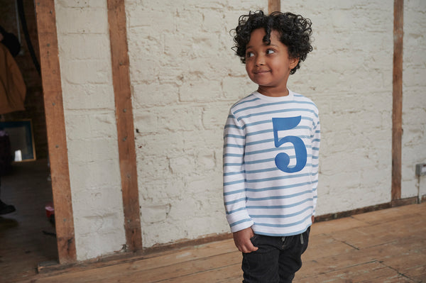 Ocean Blue & White Breton Striped Number 5 T Shirt