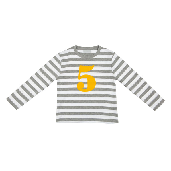 Grey Marl & White Striped Number 5 T Shirt (Mustard)