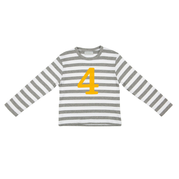 Grey Marl & White Striped Number 4 T Shirt (Mustard)