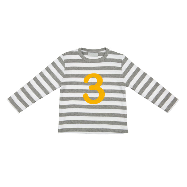 Grey Marl & White Striped Number 3 T Shirt (Mustard)