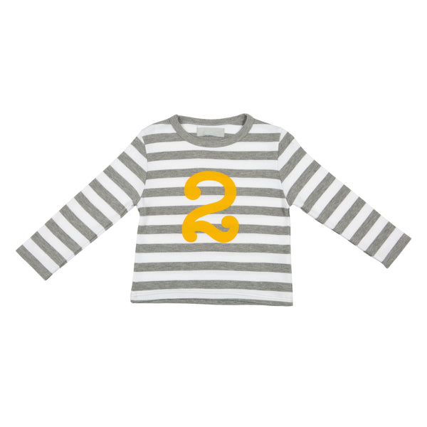 Grey Marl & White Striped Number 2 T Shirt (Mustard)