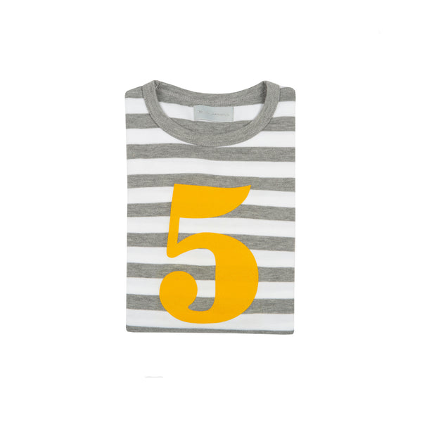 Grey Marl & White Striped Number 5 T Shirt (Mustard)