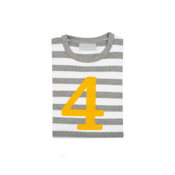 Grey Marl & White Striped Number 4 T Shirt (Mustard)