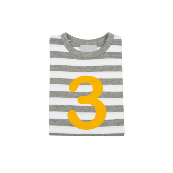 Grey Marl & White Striped Number 3 T Shirt (Mustard)