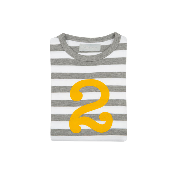 Grey Marl & White Striped Number 2 T Shirt (Mustard)