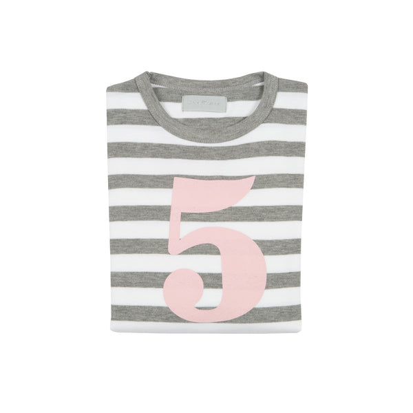 Grey Marl & White Striped Number 5 T Shirt (Mallow Pink)