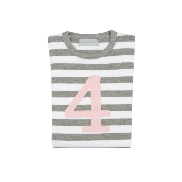 Grey Marl & White Striped Number 4 T Shirt (Mallow Pink)