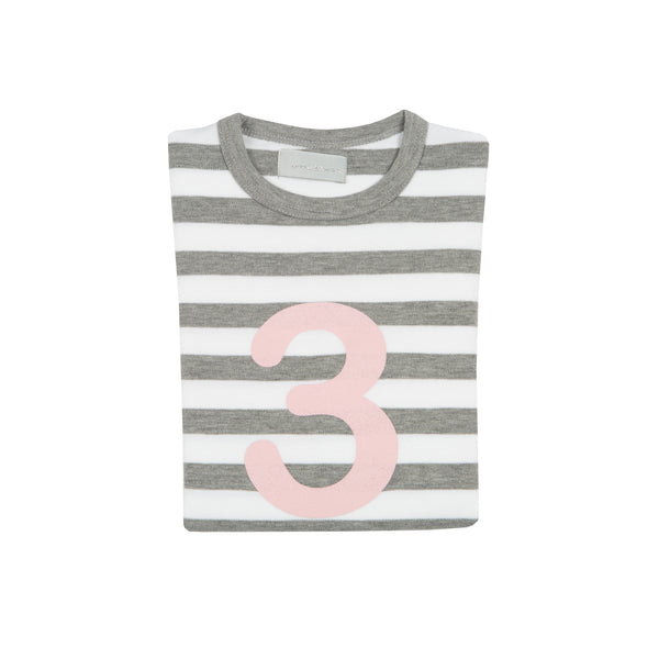 Grey Marl & White Striped Number 3 T Shirt (Mallow Pink)