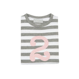 Grey Marl & White Striped Number 2 T Shirt (Mallow Pink)