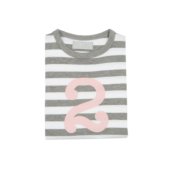 Grey Marl & White Striped Number 2 T Shirt (Mallow Pink)