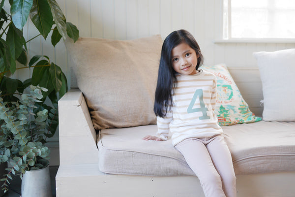 Biscuit & White Breton Striped Number 4 T Shirt (Green)