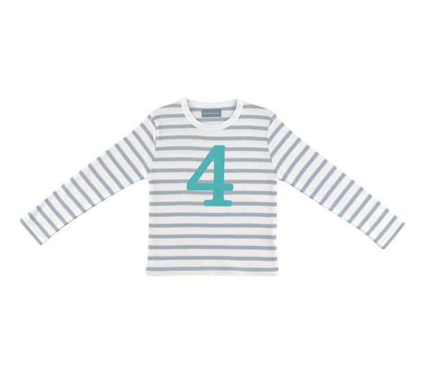 Grey & White Breton Striped Number 4 T Shirt (Turquoise)