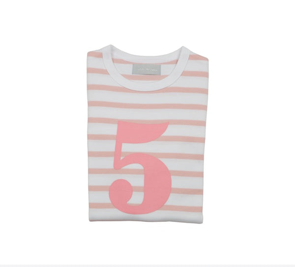 Dusty Pink & White Breton Striped Number 5 T Shirt