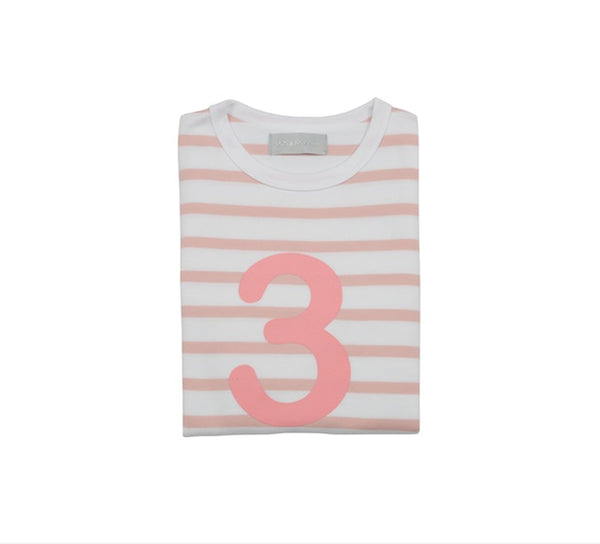 Dusty Pink & White Breton Striped Number 3 T Shirt