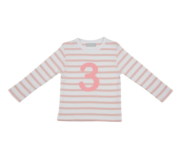 Dusty Pink & White Breton Striped Number 3 T Shirt