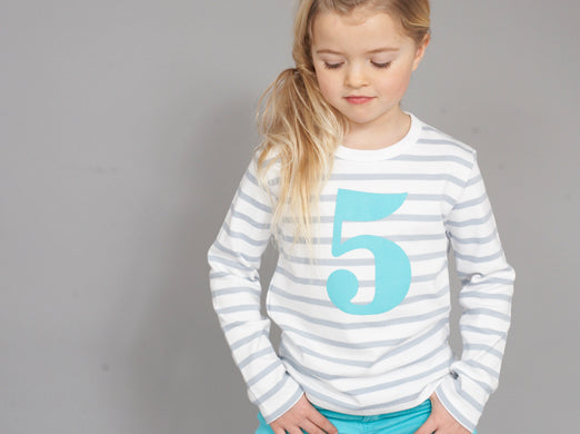 Grey & White Breton Striped Number 5 T Shirt (Turquoise)