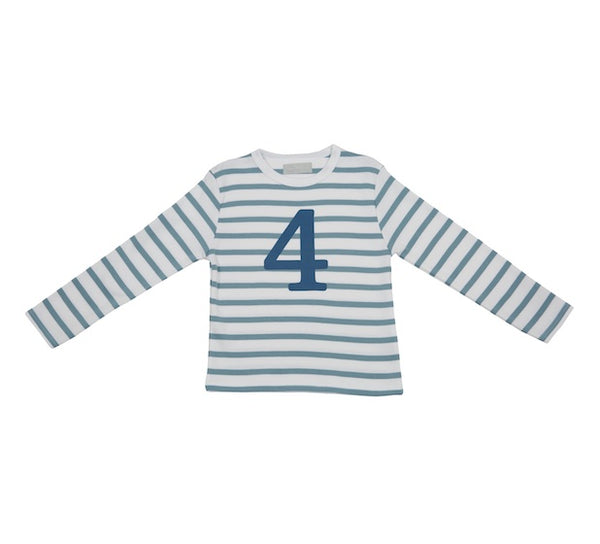 Ocean Blue & White Breton Striped Number 4 T Shirt