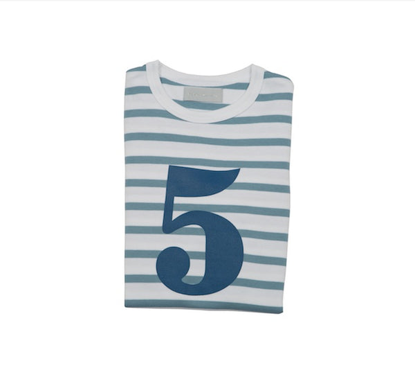 Ocean Blue & White Breton Striped Number 5 T Shirt
