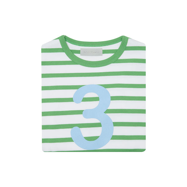 Grass Green & White Breton Striped Number 3 T Shirt