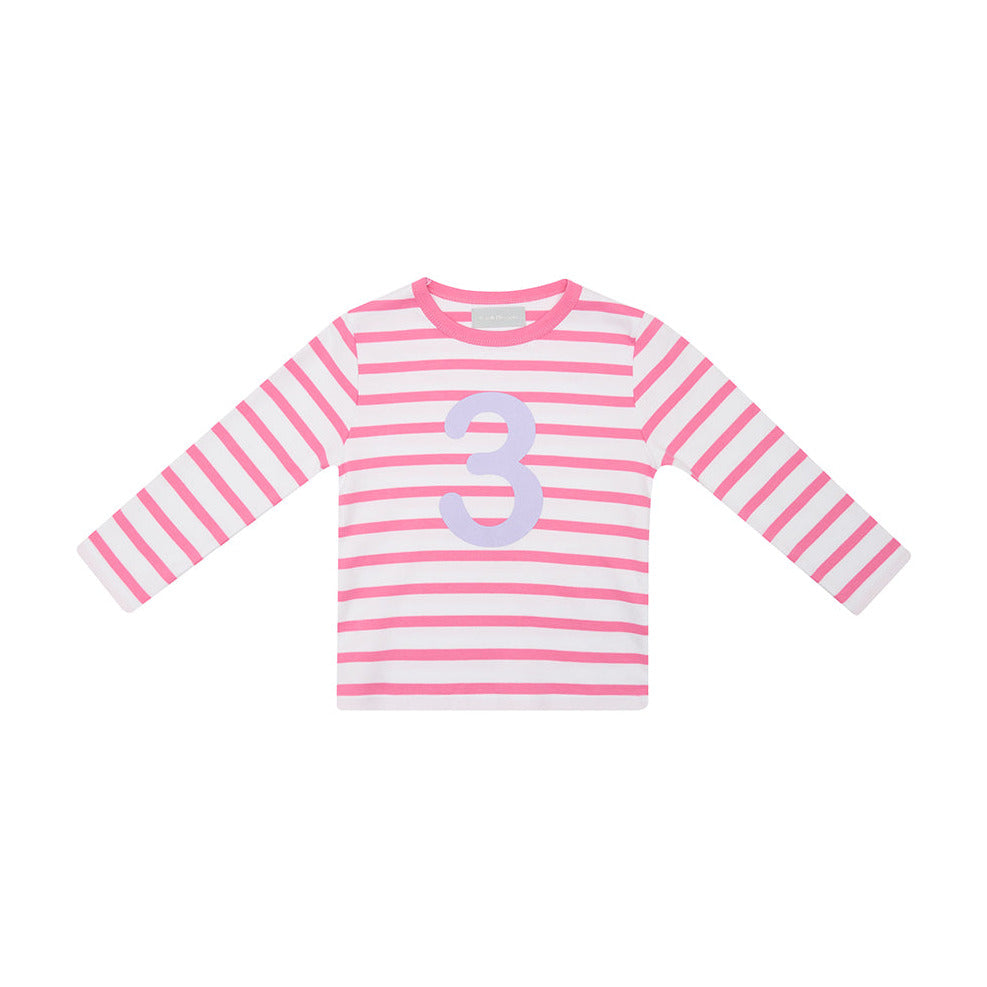 Hot Pink & White Breton Striped Number 3 T Shirt