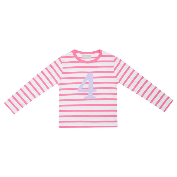 Hot Pink & White Breton Striped Number 4 T Shirt