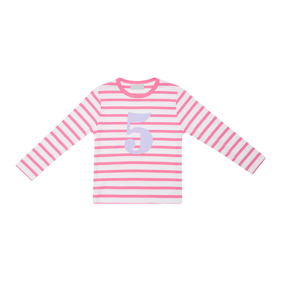 Hot Pink & White Breton Striped Number 5 T Shirt