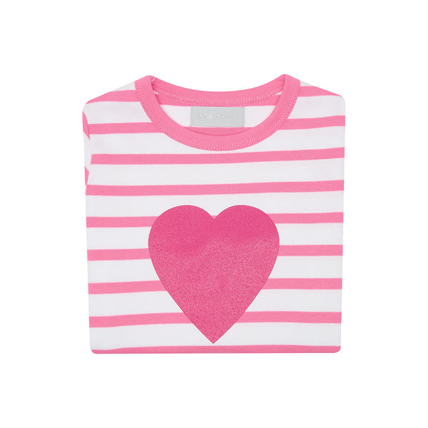 Hot Pink & White Breton Striped Love Heart T Shirt