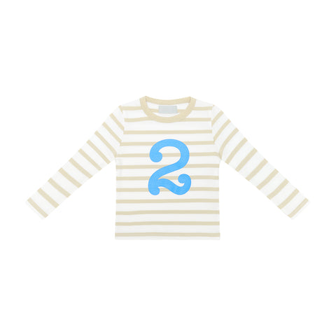 Sand & White Breton Striped Number 2 T Shirt (Sea Blue)