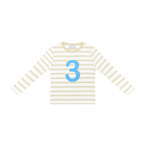 Sand & White Breton Striped Number 3 T Shirt (Sea Blue)