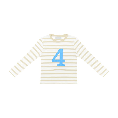 Sand & White Breton Striped Number 4 T Shirt (Sea Blue)