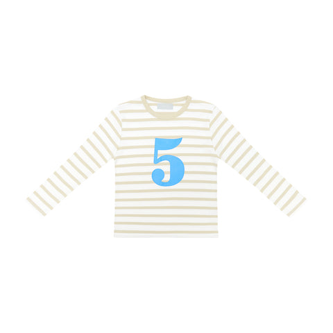 Sand & White Breton Striped Number 5 T Shirt (Sea Blue)