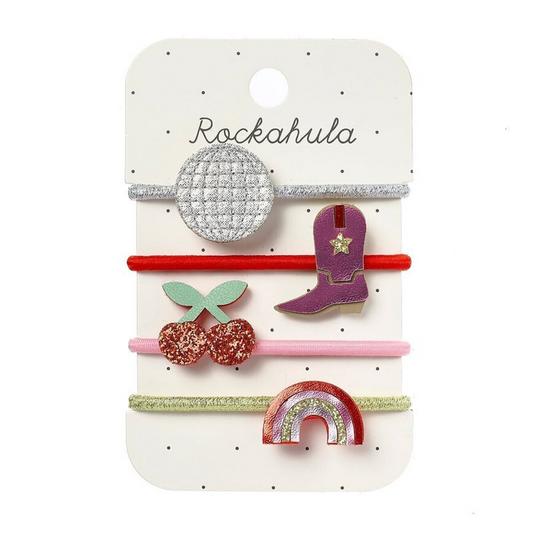 Set of colorful hair accessories on a Rockahula branded card