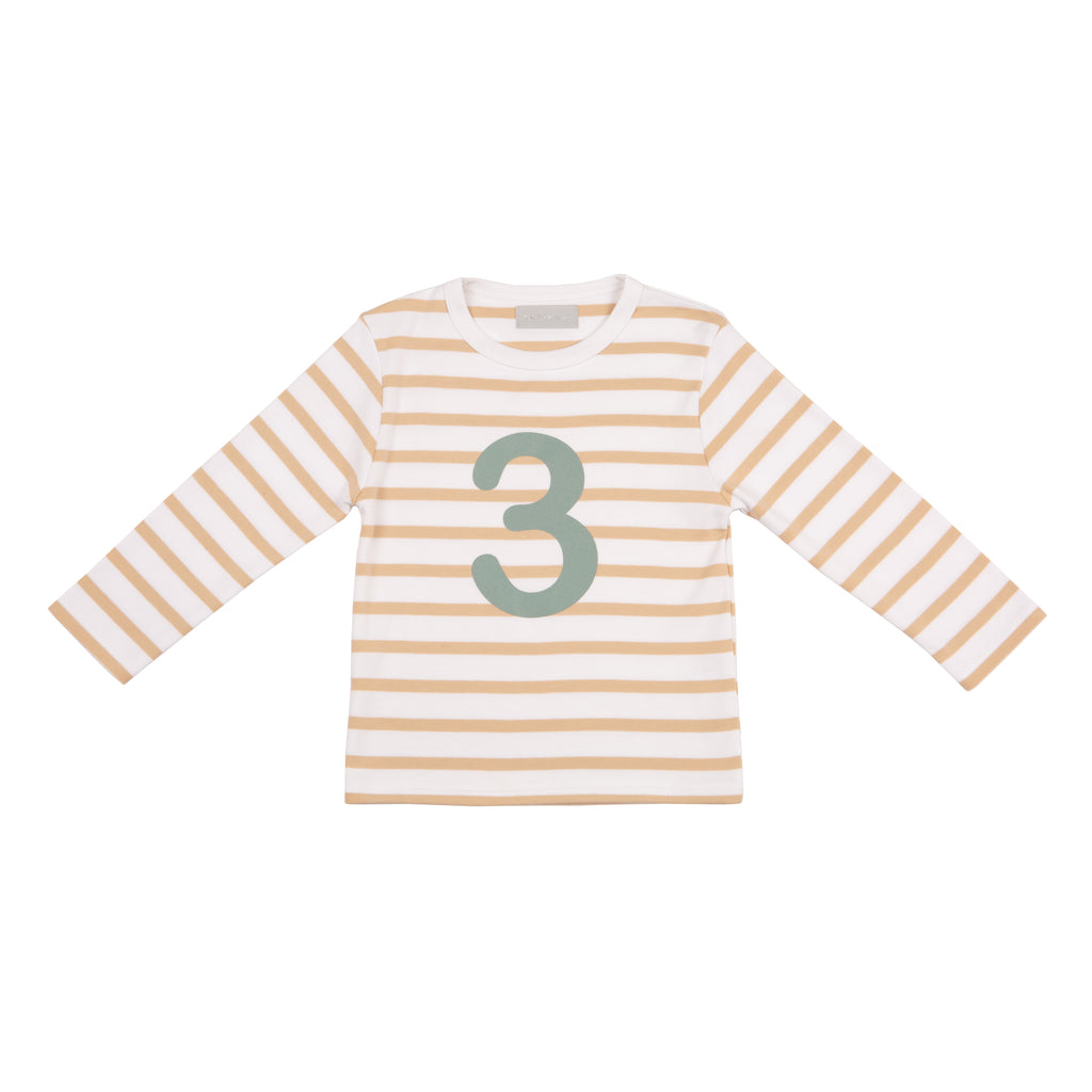Biscuit & White Breton Striped Number 3 T Shirt (Green)