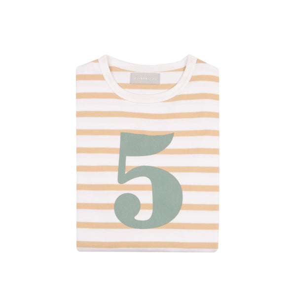 Biscuit & White Breton Striped Number 5 T Shirt (Green)