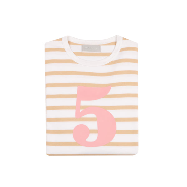 Biscuit & White Breton Striped Number 5 T Shirt (Pink)
