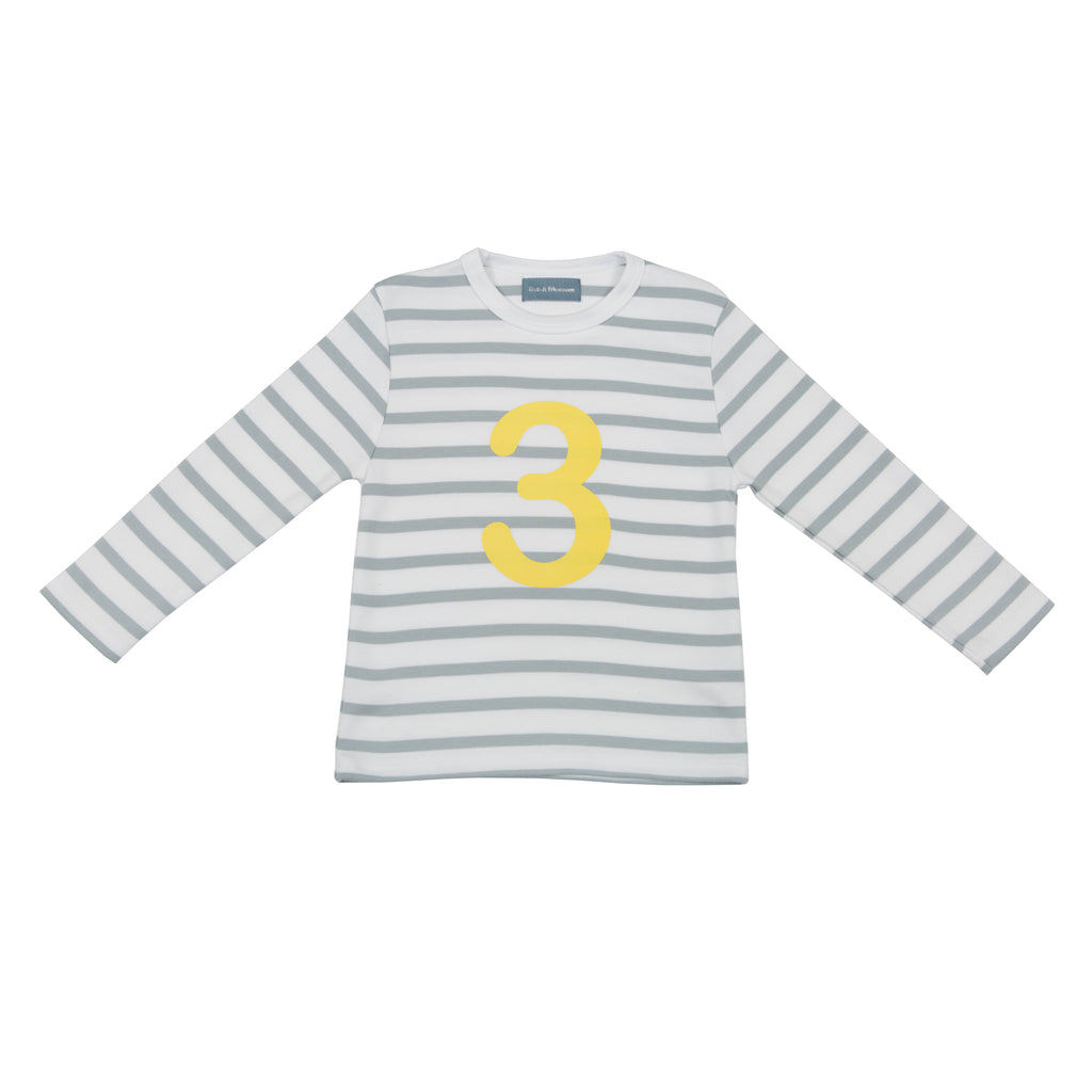Grey & White Breton Striped Number 3 T Shirt (Yellow)