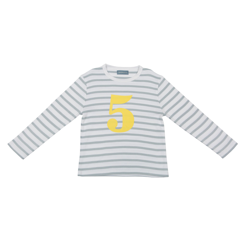 Grey & White Breton Striped Number 5 T Shirt (Yellow)
