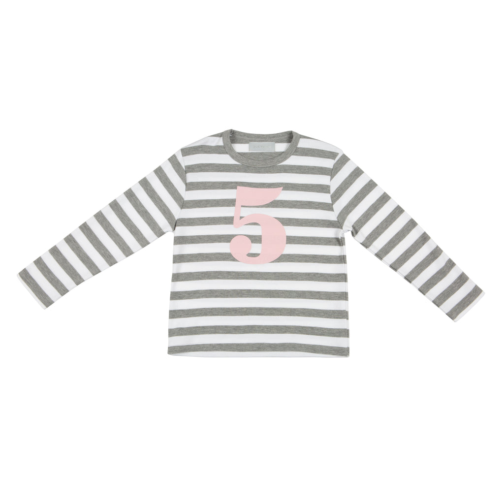 Grey Marl & White Striped Number 5 T Shirt (Mallow Pink)
