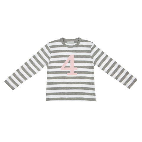 Grey Marl & White Striped Number 4 T Shirt (Mallow Pink)
