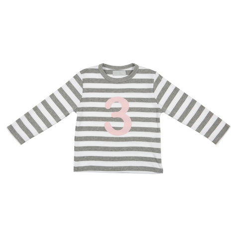 Grey Marl & White Striped Number 3 T Shirt (Mallow Pink)