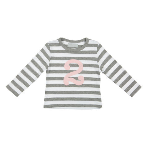 Grey Marl & White Striped Number 2 T Shirt (Mallow Pink)